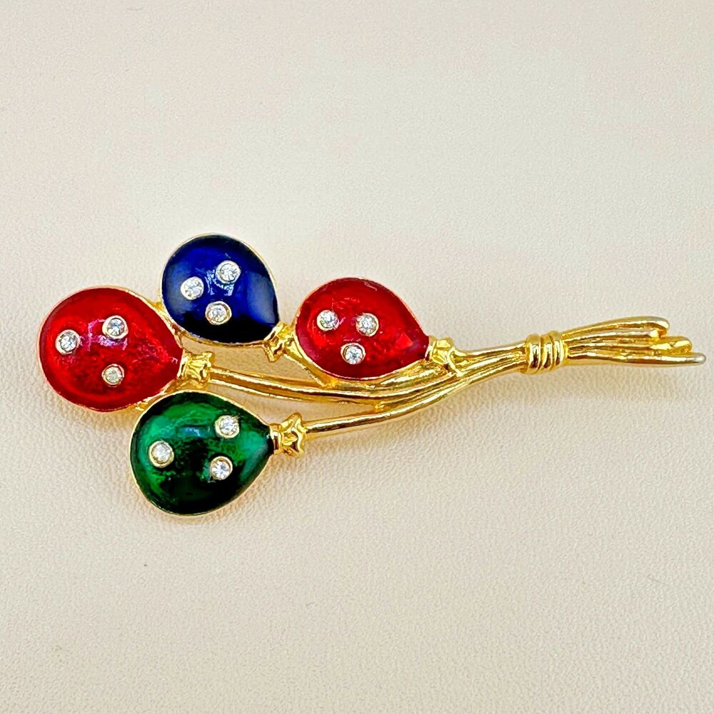 Vintage Balloons Brooch Red Blue Green Enamel Clear Rhinestone Gold Tone Signed